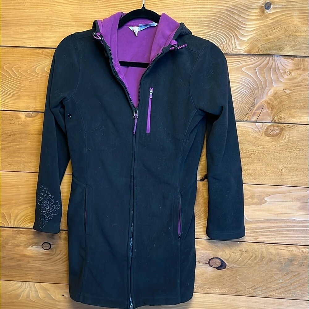 Athleta Fleece Lined Hooded Jacket XXS Blk Purple Embroidered Detail Winter Coat
